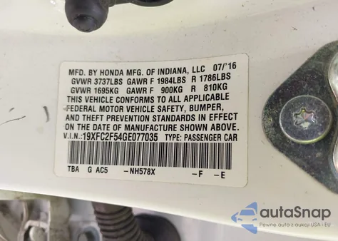 2016 Honda Civic Lx из США, поврежденный, VIN 19XFC2F54GE077035